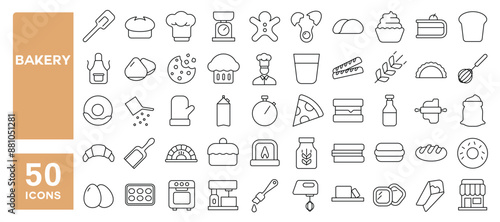Set of 50 line icons related to bakery, bread, baguette, wheat, whisk, baking, oven, toast, Editable stroke. Vector illustration