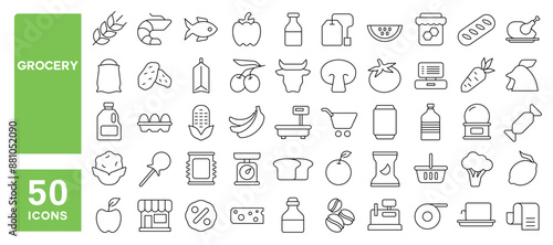 Set of 50 line icons related to grocery, dairy, food product, supermarket, snacks, consumer basket, Editable stroke. Vector illustration