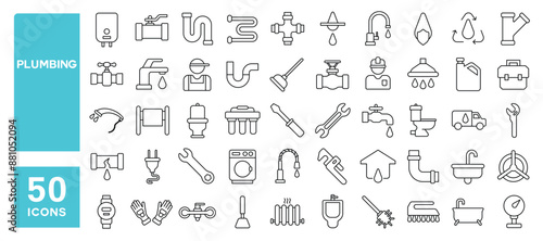 Set of 50 line icons related to plumbing, pipe, water meter, sink, heater, heating, toilet, shower, Editable stroke. Vector illustration