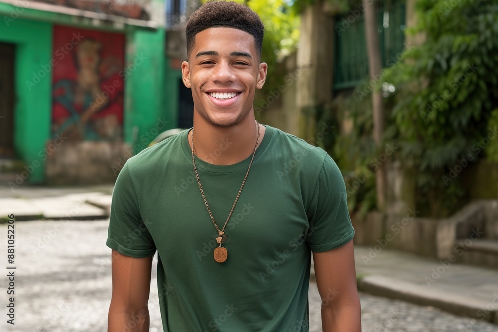 A young man wearing a green shirt and a necklace is smiling A young man wearing a green shirt and a necklace is smiling