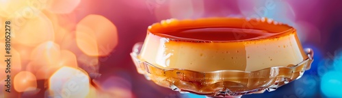 A luxurious image of Spanish flan, with its smooth, carameltopped surface, served in a stylish glass dish against a bright, colorful background photo