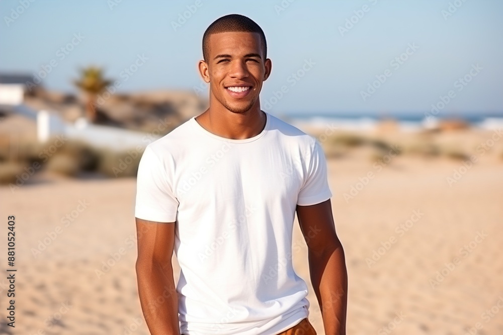 Fototapeta premium A man with a shaved head is smiling and wearing a white shirt