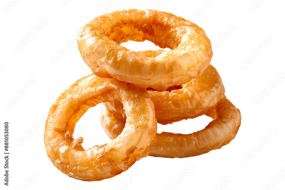 Closeup of stack of crunchy battered onion rings isolated on a white transparent background. Closeup of stack of crunchy battered onion rings isolated on a white transparent background.