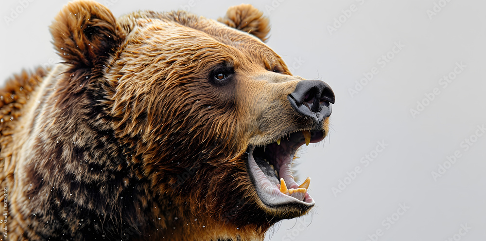 Fototapeta premium Close up portrait of big brown angry bear head, isolated on a white background