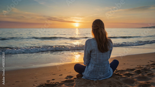 Contemplative man and woman sitting on the tranquil beach, gazing at the sea during sunrise or sunset, view from back, full hd, focus on boy and girl, view from behind