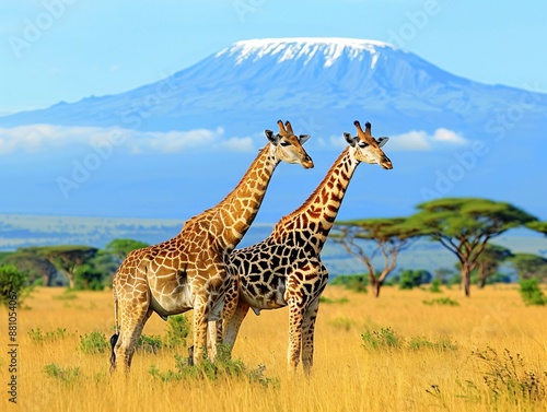 Majestic Giraffes in the African Savanna with Mount Kilimanjaro in the Background