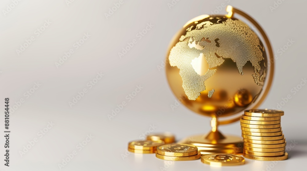 Earth globe in gold, surrounded by piles of gold coins, representing wealth in banking and international finance Earth globe in gold, surrounded by piles of gold coins, representing wealth in banking and international finance