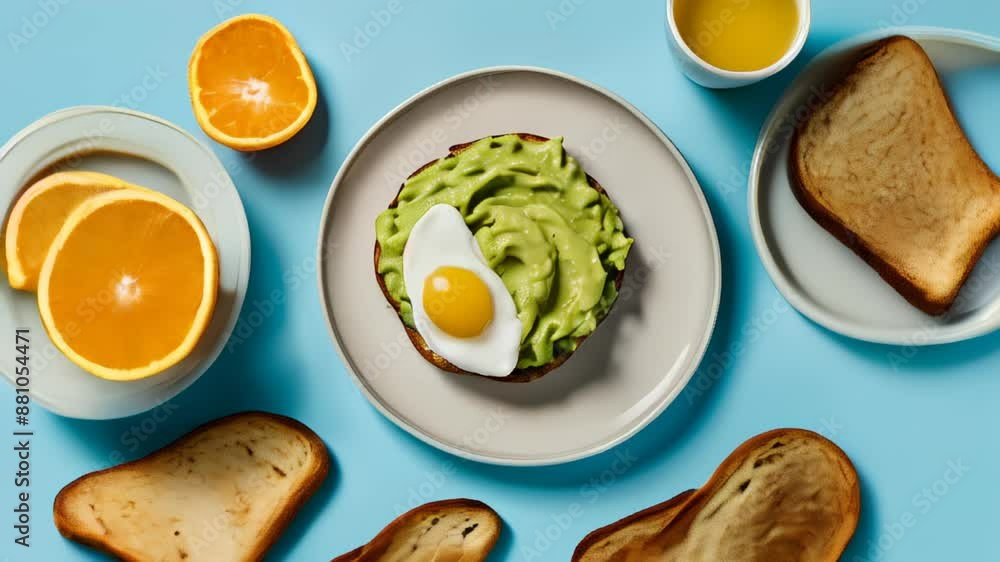Delicious breakfast spread with avocado toast eggs and fresh orange slices Delicious breakfast spread with avocado toast eggs and fresh orange slices