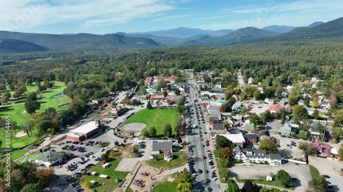 Flyover of the Village of North Conway, New Hampshire with MT Washington in the background.  photo