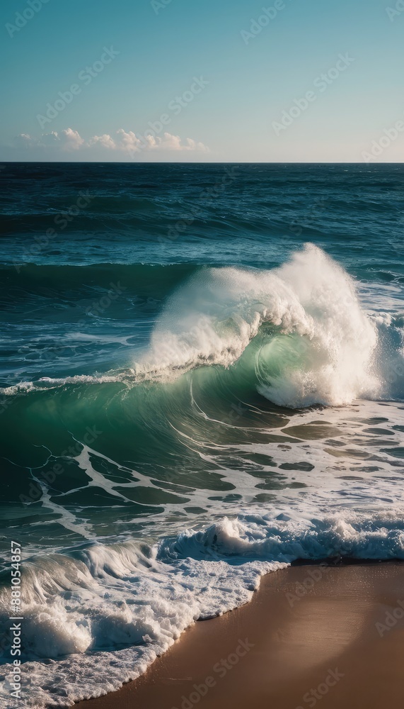 Fototapeta premium A powerful wave crashes against a sandy beach, creating a foamy cascade of water.