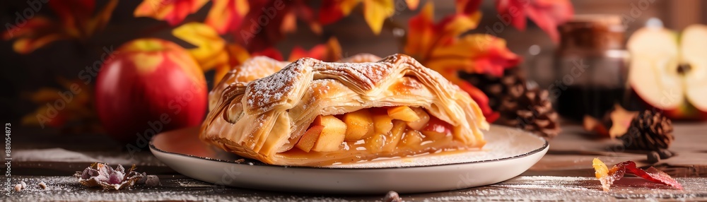 A vibrant shot of an Austrian apple strudel, with its flaky crust and sweet apple filling, arranged on a stylish plate against a cozy cafe backdrop A vibrant shot of an Austrian apple strudel, with its flaky crust and sweet apple filling, arranged on a stylish plate against a cozy cafe backdrop