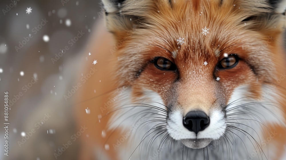 Fototapeta premium Close-up of a red fox with fluffy fur, snowflakes on its whiskers, realistic texture and hyper-realistic features, cinematic focus, realistic photo, cinematography, hyper realistic