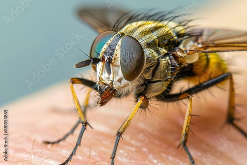 A detailed macro shot of a horsefly feeding on human skin, highlighting the insects intricate features on the eyes. In the background you can see the texture of the skin with fine hairs.