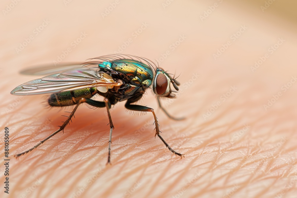 A detailed macro shot of a horsefly feeding on human skin, highlighting the insects intricate features on the eyes. In the background you can see the texture of the skin with fine hairs.