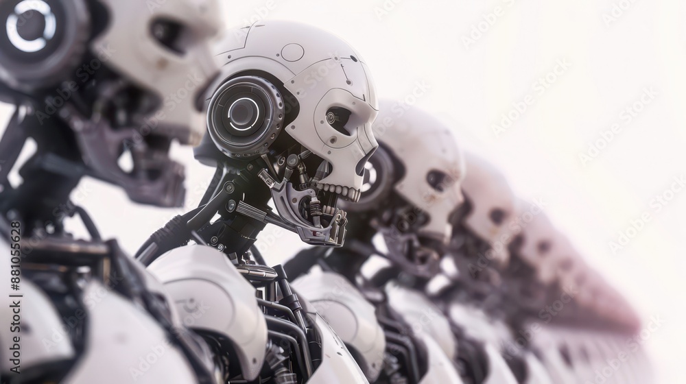 Fototapeta premium A Row of White, Mechanical Skulls in a Line, Looking Ahead