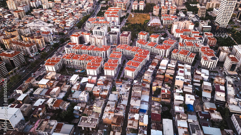 Fototapeta premium An aerial bird's eye view of Izmir at sunset
