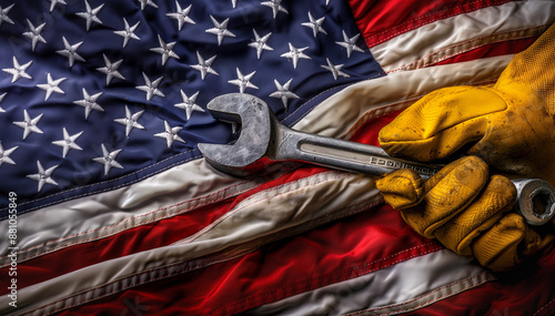 Worn work glove holding wrench tool and old worn US American flag. Made in USA, American workforce, blue collar worker, Labor Day copy space concept photo for wallpaper or background. 