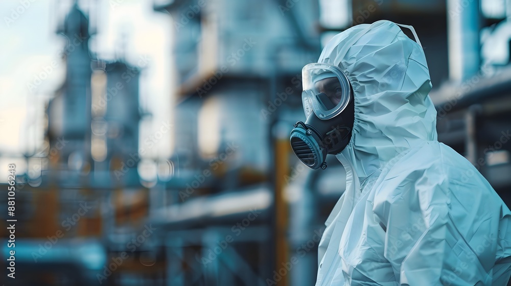 Monotone Hazmat Suit at a Chemical Plant in a Blurry Close-up Shot Monotone Hazmat Suit at a Chemical Plant in a Blurry Close-up Shot