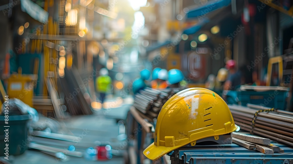 Busy Construction Site with Tools and Safety Equipment Busy Construction Site with Tools and Safety Equipment