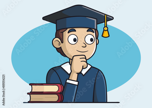 A college student thinking with an intrigued face, cartoon style, looking for a good idea vector illustration 