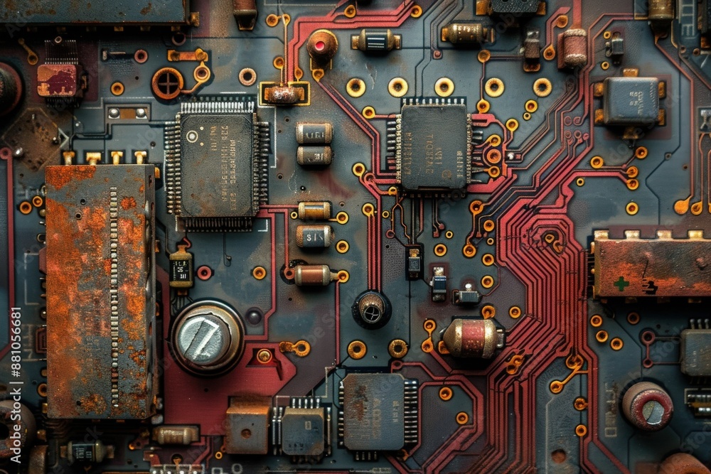 Fototapeta premium Close-up of an Old Rusty Circuit Board with Exposed Electronic Components and Traces