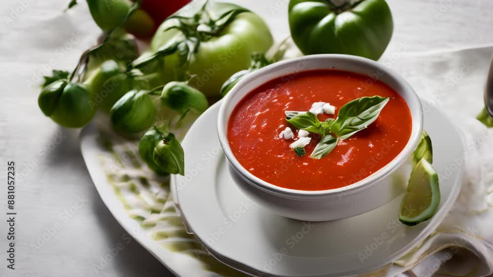 Delicious red soup with fresh herbs and lime served on a white plate Delicious red soup with fresh herbs and lime served on a white plate
