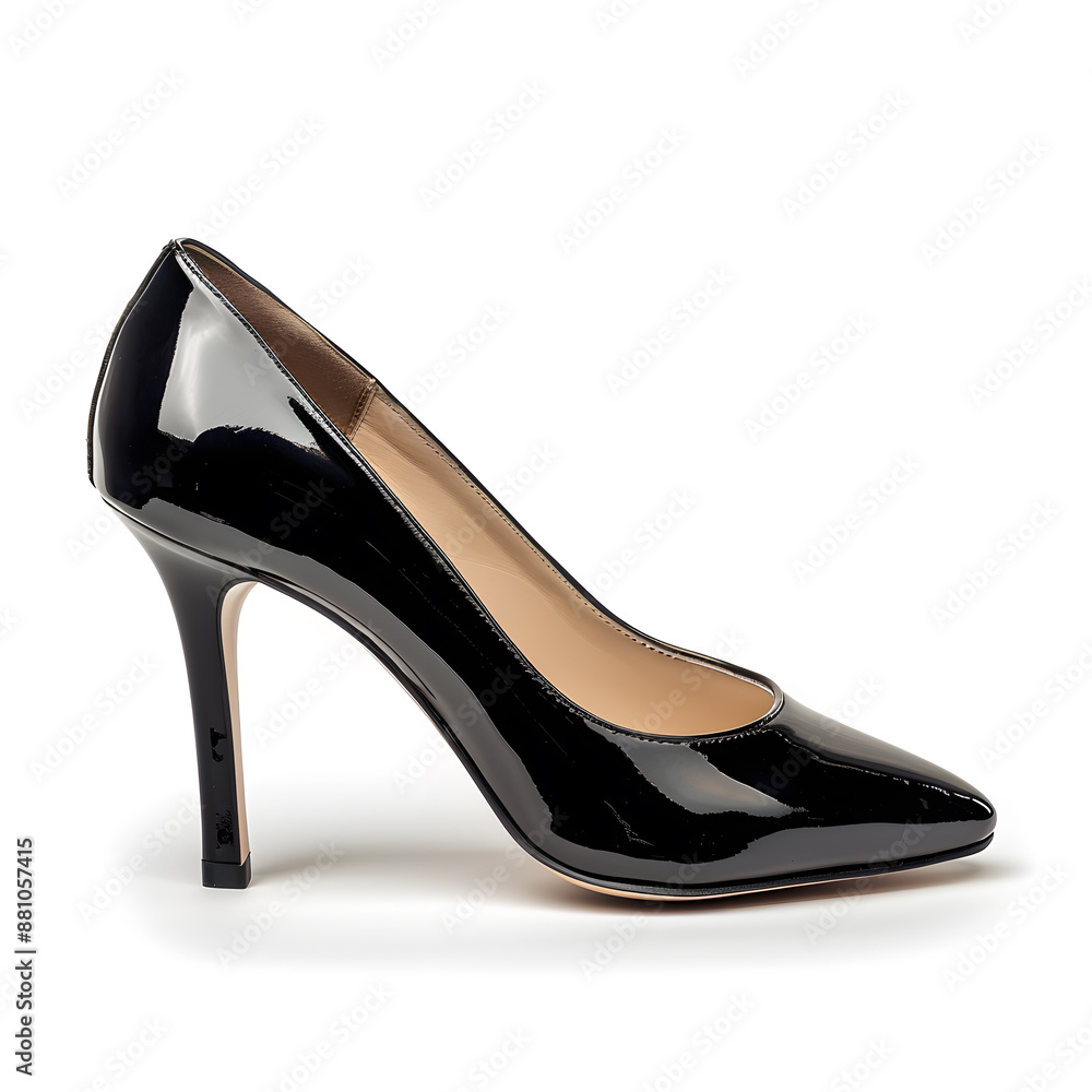 Side view of a single black women's high-heeled pump shoe isolated on a white background Side view of a single black women's high-heeled pump shoe isolated on a white background