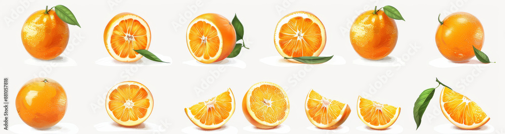 set of oranges, the orange fruit in various positions, cut in half and with a green leaf isolated on a white background set of oranges, the orange fruit in various positions, cut in half and with a green leaf isolated on a white background