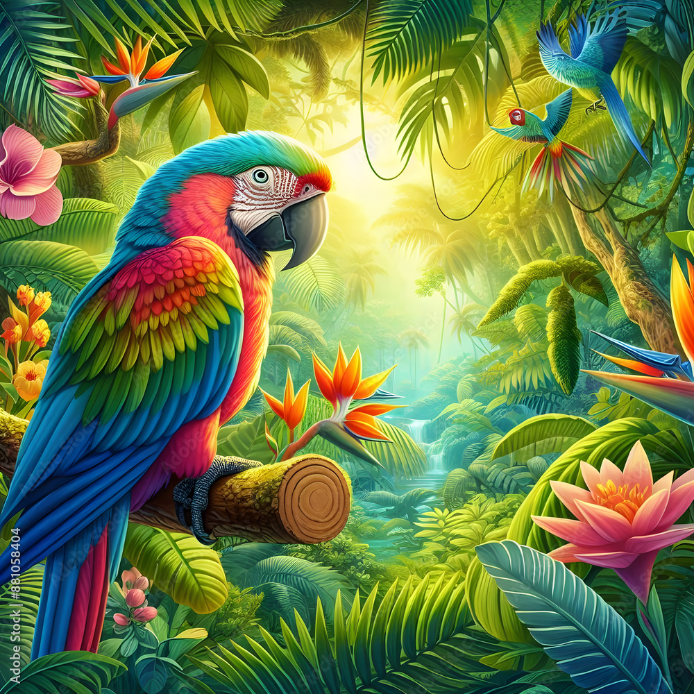 Fototapeta premium Vibrant parrots amidst lush foliage in a sunlit jungle