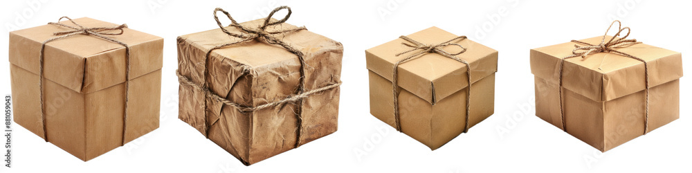 Four brown wrapped gift boxes of various sizes with twine bows, isolated on white background. Perfect for holiday, present, and packaging themes. Four brown wrapped gift boxes of various sizes with twine bows, isolated on white background. Perfect for holiday, present, and packaging themes.