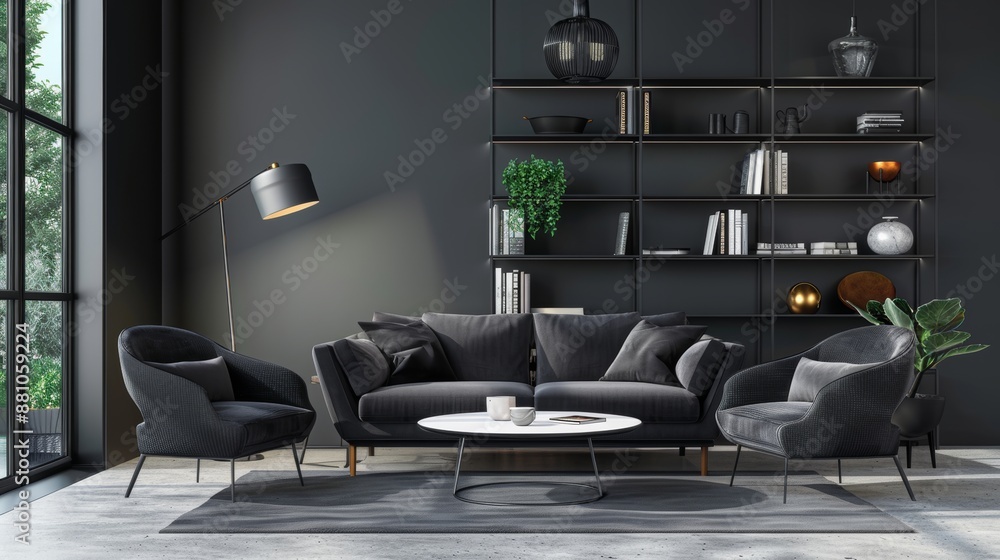Modern living room interior, grey wall. Black 2 sitter sofa with cushion and one armchair, coffee table, bookshelves and lamp. Concrete floor. 3D rendering Modern living room interior, grey wall. Black 2 sitter sofa with cushion and one armchair, coffee table, bookshelves and lamp. Concrete floor. 3D rendering