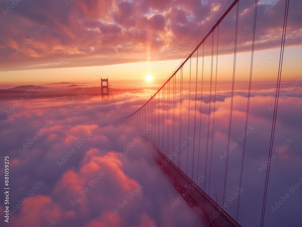 Fototapeta premium Golden gate bridge above clouds at sunset
