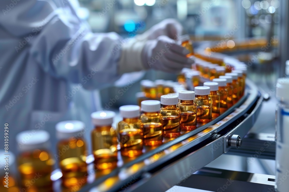 Worker inspecting bottles on conveyor belt in pharmaceutical factory. Quality control. Worker inspecting bottles on conveyor belt in pharmaceutical factory. Quality control.