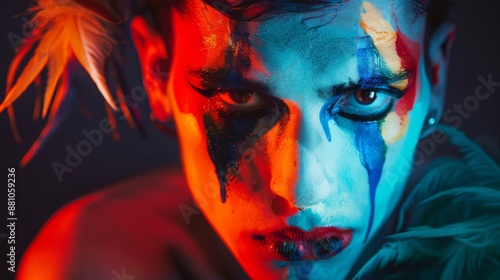 A person with blue and red paint on their face, and a feather behind their ear, looks directly at the camera.