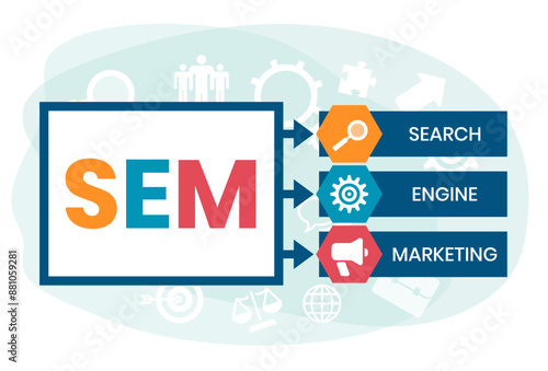 SEM - Search Engine Marketing acronym, Concept with keywords, letters and icons. Colored flat vector illustration. Isolated on white background.