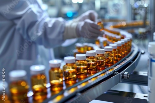 Worker inspecting bottles on conveyor belt in pharmaceutical factory. Quality control.