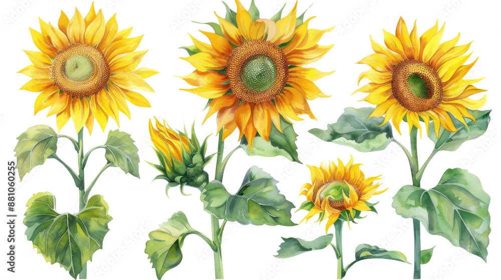 Obraz premium Collection of watercolor sunflowers isolated on white or transparent background