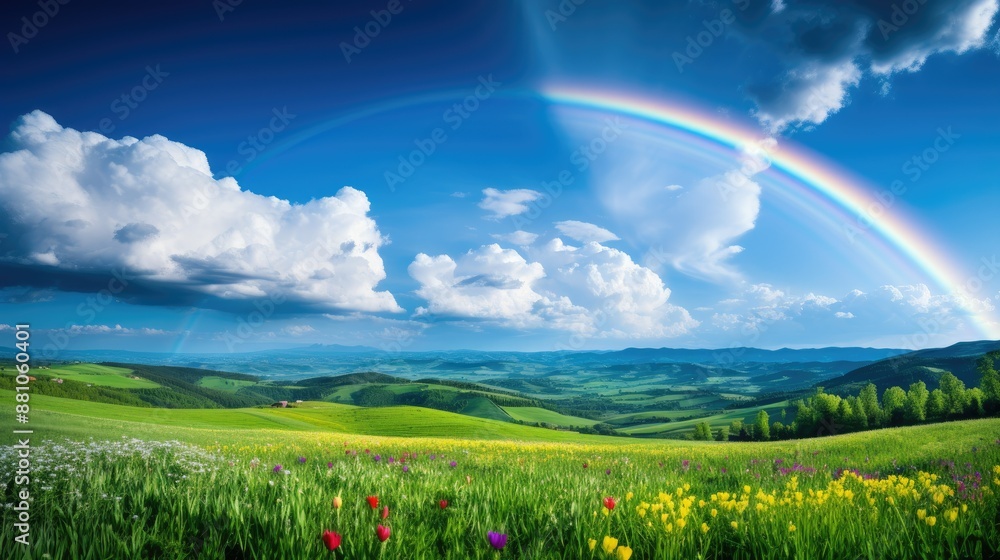 Fototapeta premium Bright rainbow over springtime countryside