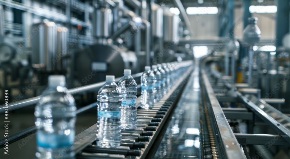 modern water bottle production line with the bottles moving along on conveyors, surrounded by advanced machinery and technology modern water bottle production line with the bottles moving along on conveyors, surrounded by advanced machinery and technology