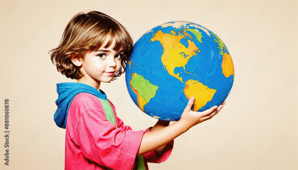 illustrative and conceptual representation of a happy child or adolescent holding the globe or planet earth, interest in the world and conservation, geography and different cultures - ai generated illustrative and conceptual representation of a happy child or adolescent holding the globe or planet earth, interest in the world and conservation, geography and different cultures - ai generated