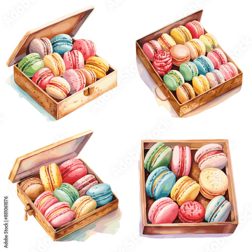 A box of assorted colored macarons is shown in four different views