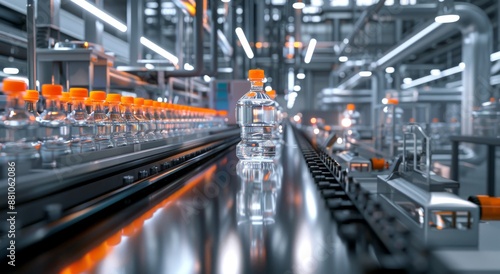 modern water bottle production line with the bottles moving along on conveyors, surrounded by advanced machinery and technology