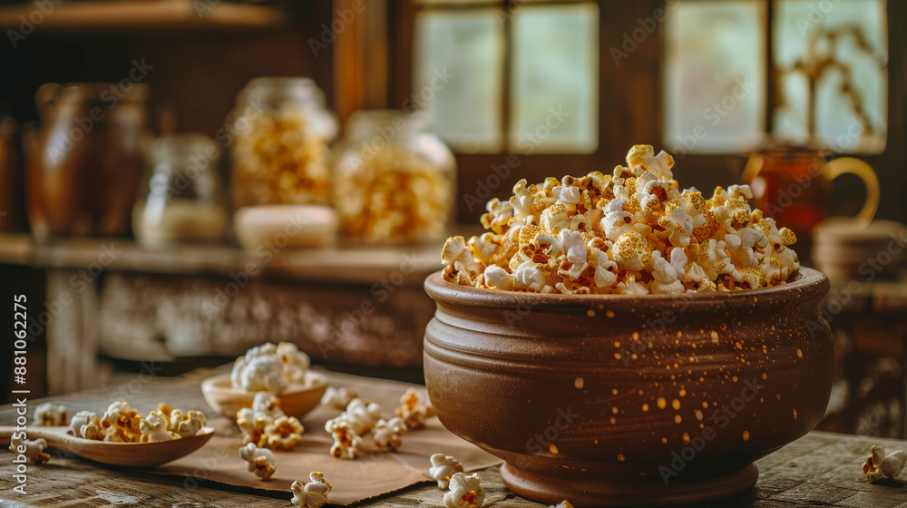 Homemade Popcorn: The foreground showcases a bowl or container filled with freshly made popcorn. The popcorn kernels are fluffy and golden-brown, hinting at their delicious aroma.
Homemade Popcorn: The foreground showcases a bowl or container filled with freshly made popcorn. The popcorn kernels are fluffy and golden-brown, hinting at their delicious aroma.