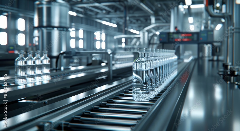 modern water bottle production line with the bottles moving along on conveyors, surrounded by advanced machinery and technology modern water bottle production line with the bottles moving along on conveyors, surrounded by advanced machinery and technology