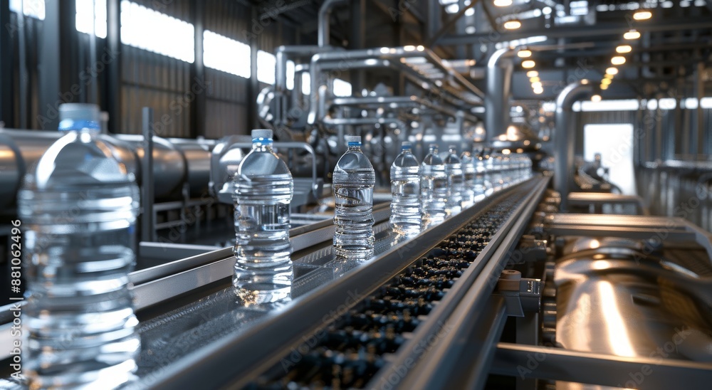 modern water bottle production line with the bottles moving along on conveyors, surrounded by advanced machinery and technology modern water bottle production line with the bottles moving along on conveyors, surrounded by advanced machinery and technology