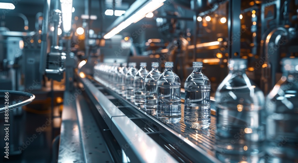 modern water bottle production line with the bottles moving along on conveyors, surrounded by advanced machinery and technology modern water bottle production line with the bottles moving along on conveyors, surrounded by advanced machinery and technology