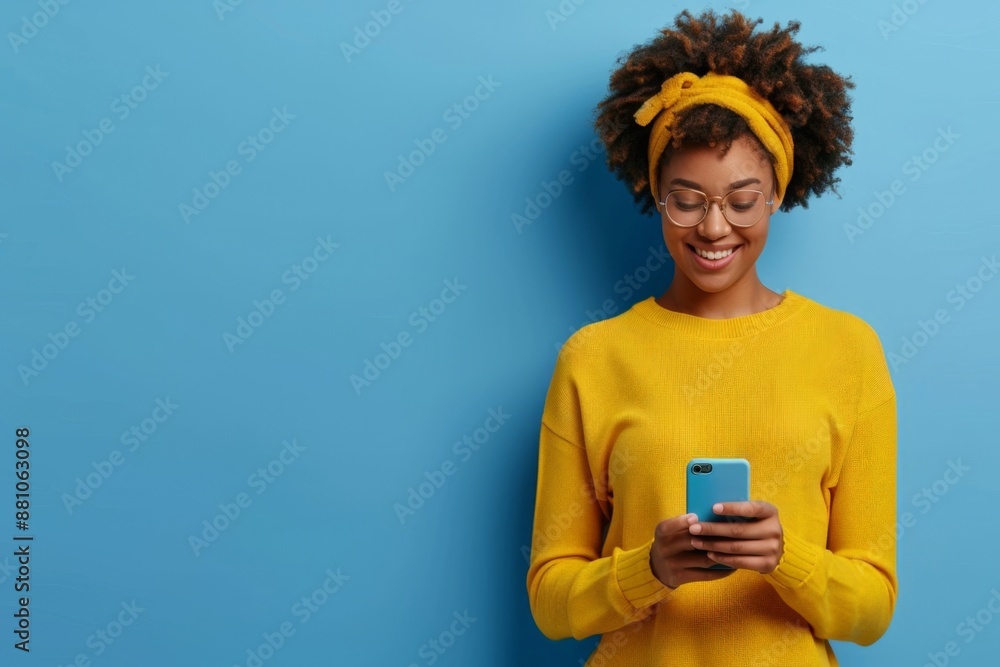 Smiling Young Woman in Yellow Sweater Texting on Smartphone Against Blue Background. Horizontal banner with copy space Smiling Young Woman in Yellow Sweater Texting on Smartphone Against Blue Background. Horizontal banner with copy space