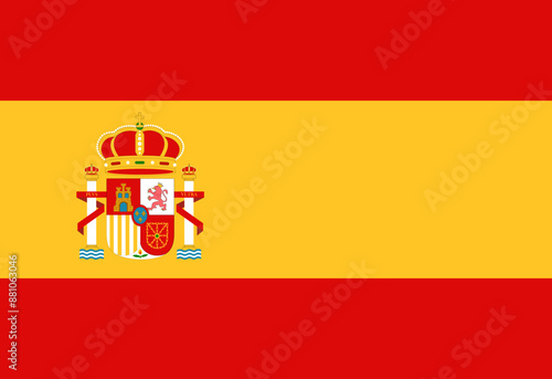 Spanish Flag with coat of arms with crowns, a lion and a castle on the background of a shield.
