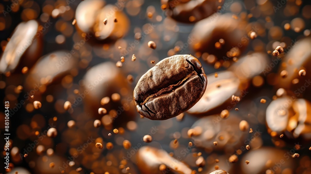 A closeup of roasted coffee beans falling through the air with a dark, blurred background The beans are rich brown and glossy, creating a sense of movement A closeup of roasted coffee beans falling through the air with a dark, blurred background The beans are rich brown and glossy, creating a sense of movement
