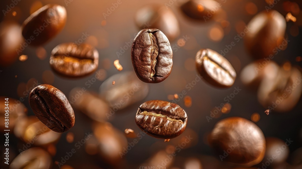 A closeup of roasted coffee beans falling through the air with a dark, blurred background The beans are rich brown and glossy, creating a sense of movement A closeup of roasted coffee beans falling through the air with a dark, blurred background The beans are rich brown and glossy, creating a sense of movement